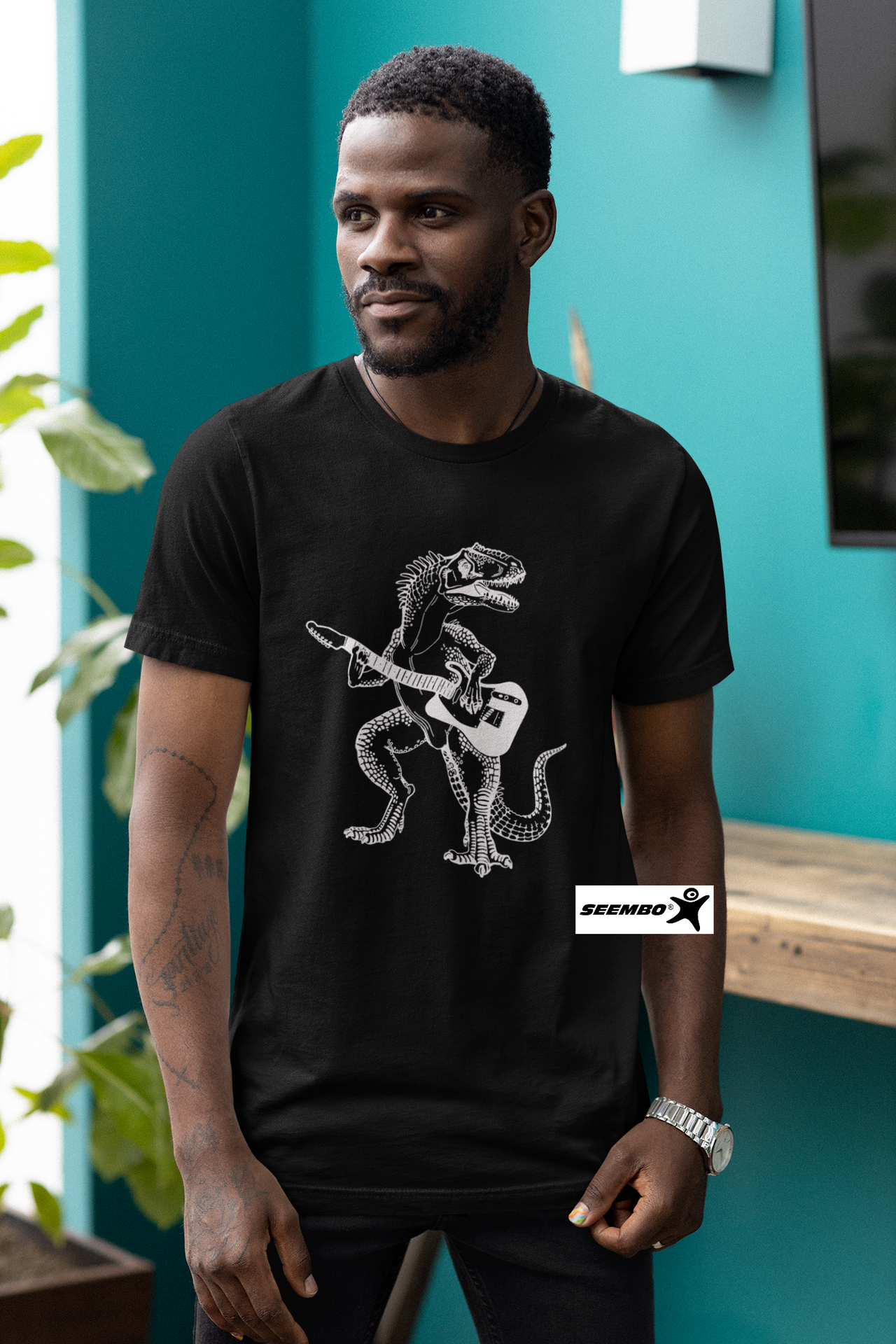 Dinosaur Playing Guitar Animal Guitarist Funny Rock Musician Men Cotton T-Shirt