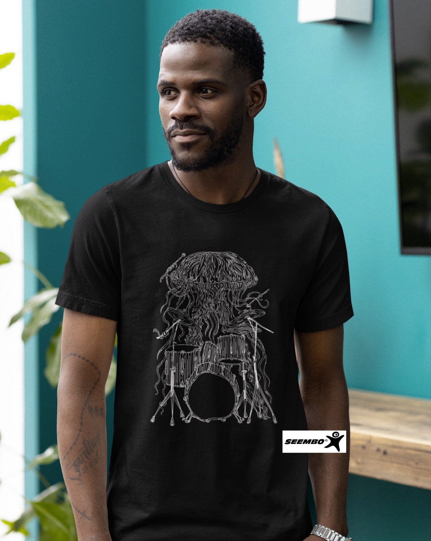 seembo-a-man-wearing-jellyfish-drummer-playing-drums-art-design-in-a-black-cotton-t-shirt