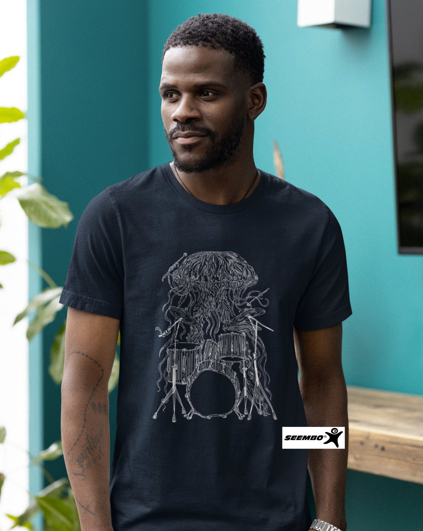 seembo-jellyfish-drummer-playing-drums-art-design-in-a-men-navy-cotton-t-shirt