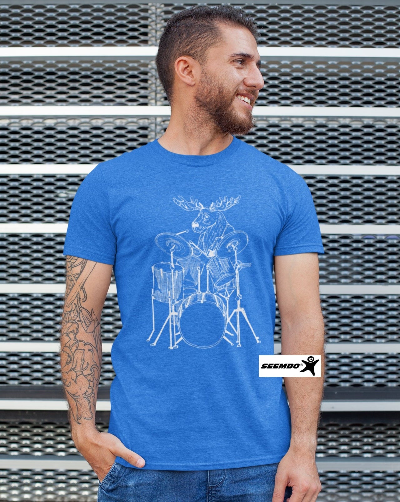 seembo-moose-playing-drums-drummer-a-man-posing-with-vintage-royal-men-t-shirt