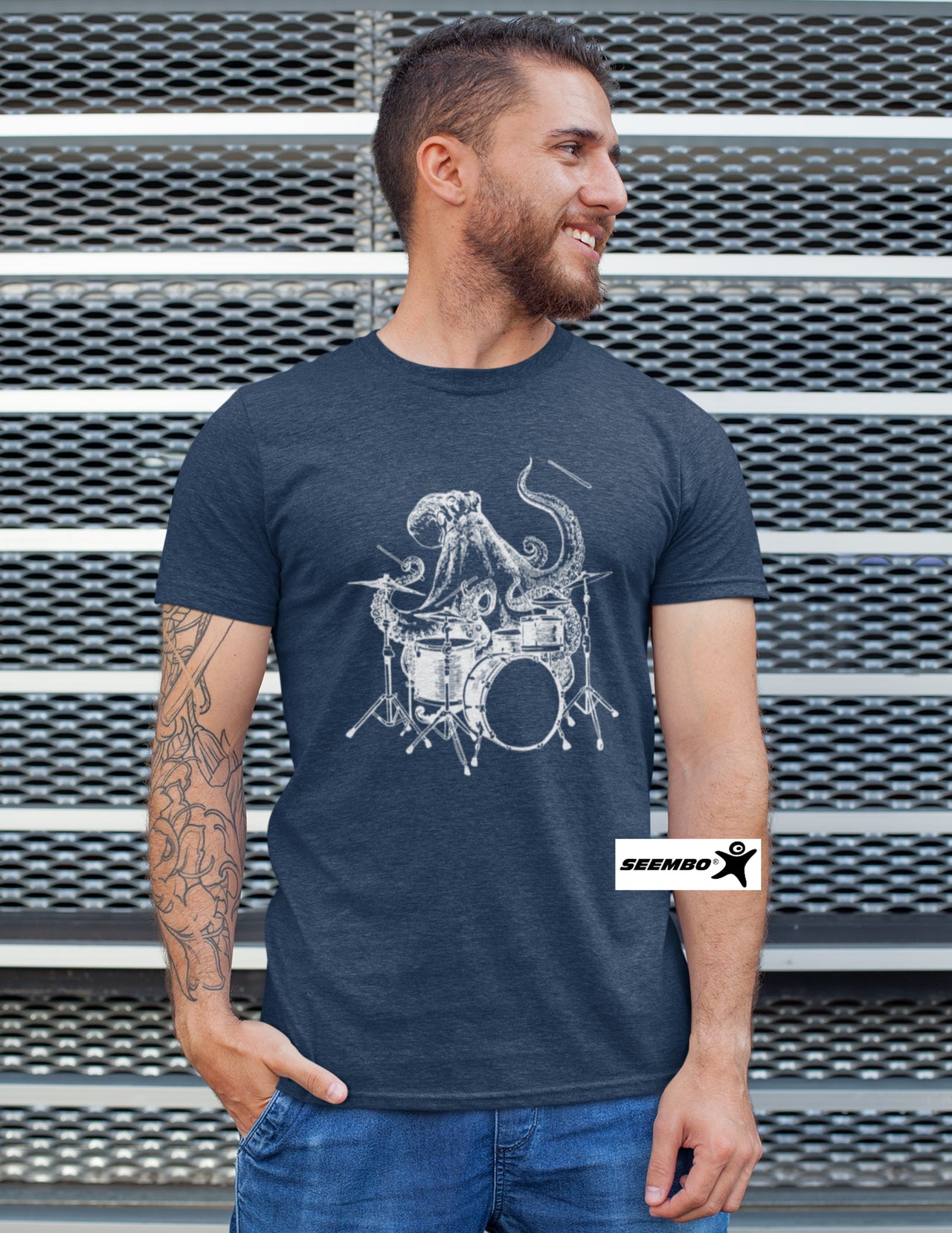 seembo-octopus-playing-drums-drummer-band-men-wearing-vintage-navy-t-shirt